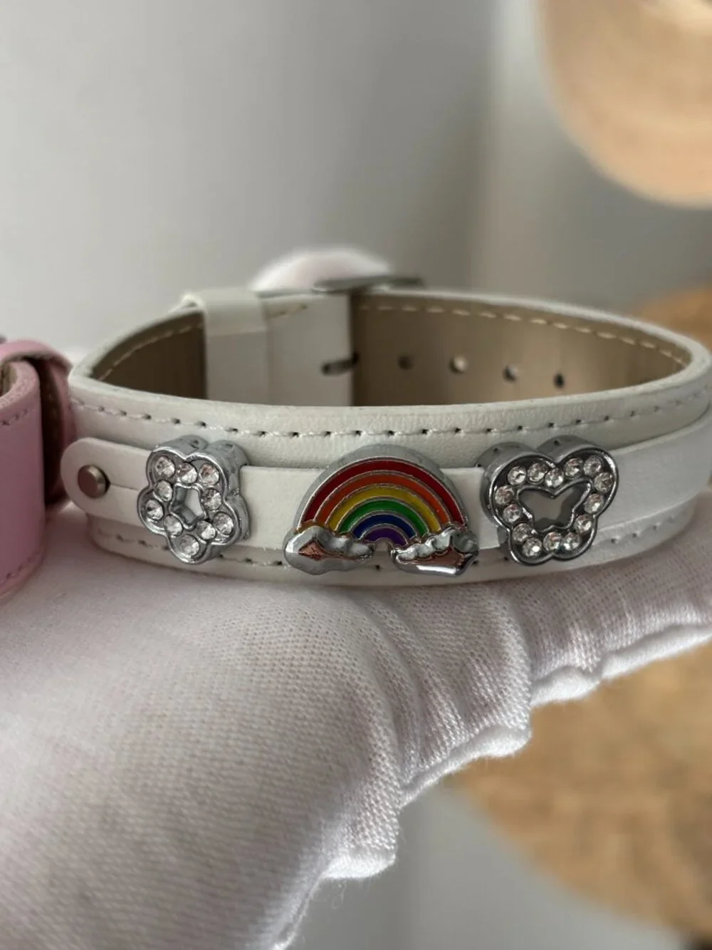 NWT Set of 2 Fun Pink & White Rainbow Rhinestone Leather Bracelets 🌈✨